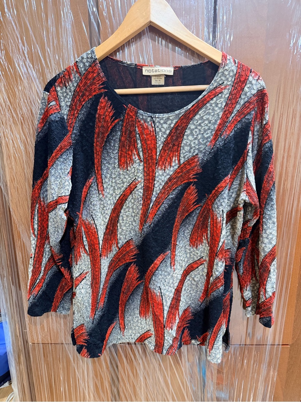 Notations Red, Black & Gray Abstract Brushstroke Long Sleeve Top